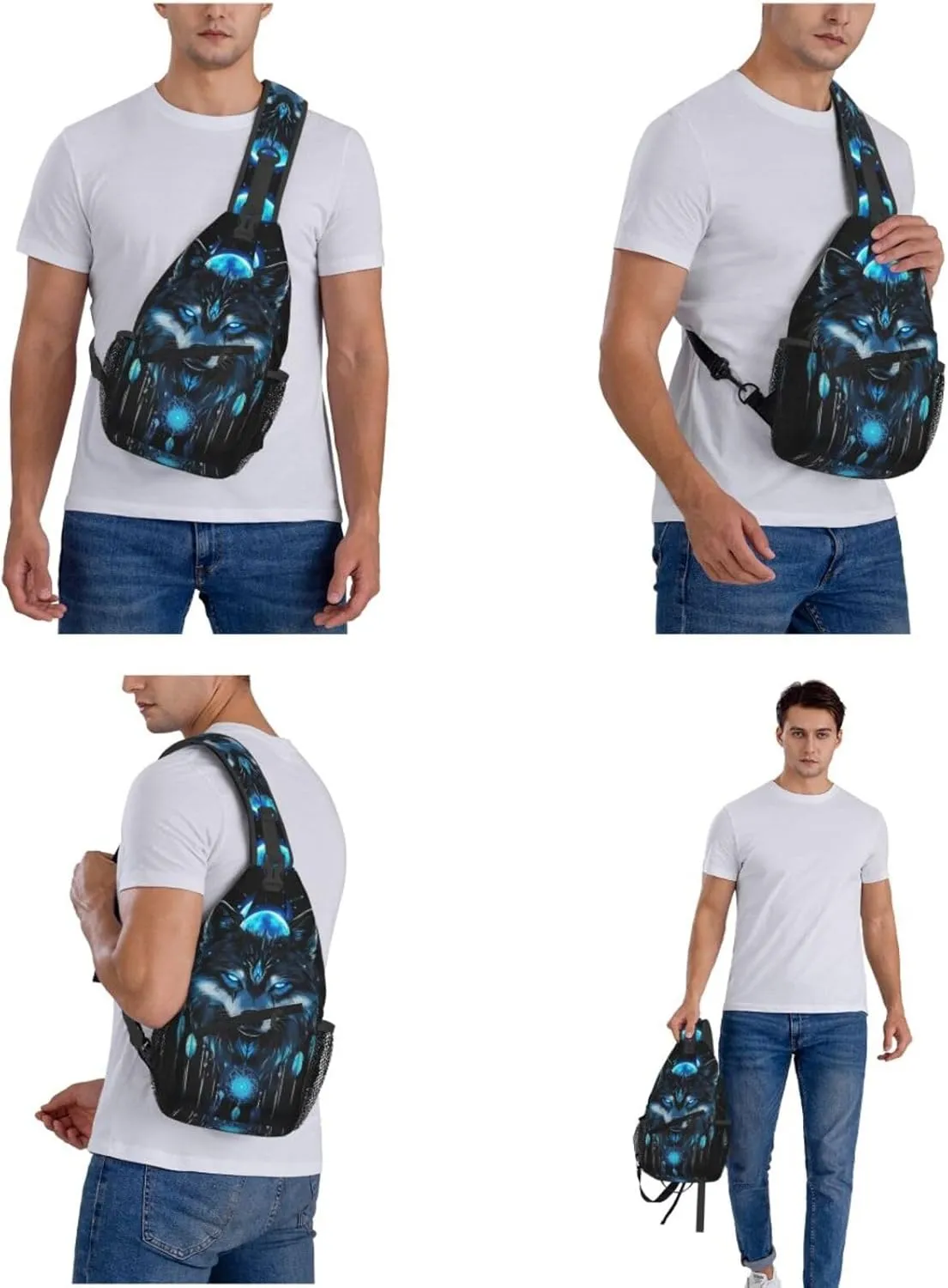 Dreamcatcher and Wolf Crossbody Bag with Abstract Picture Fitness Sports Travel Hiking Backpack Cute Animal Print Chest Bag Shoulder Bag for Women and Men