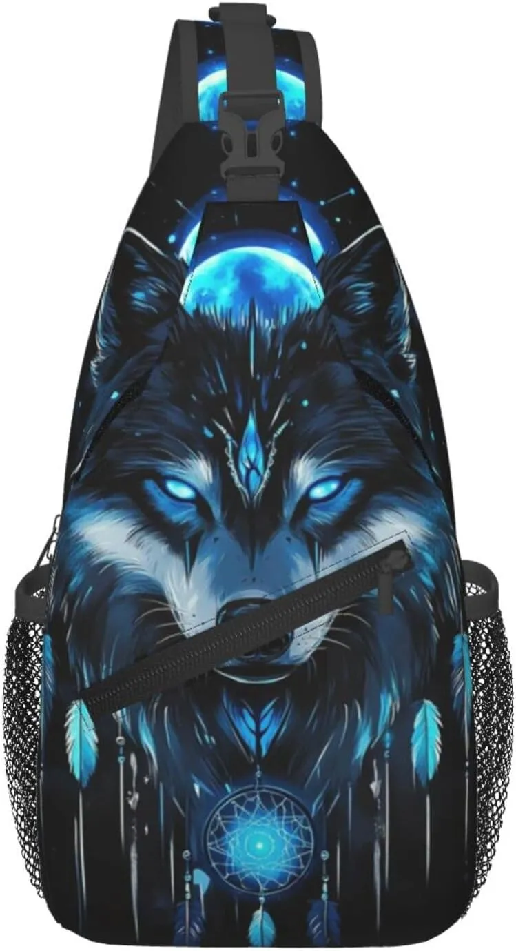 Dreamcatcher and Wolf Crossbody Bag with Abstract Picture Fitness Sports Travel Hiking Backpack Cute Animal Print Chest Bag Shoulder Bag for Women and Men