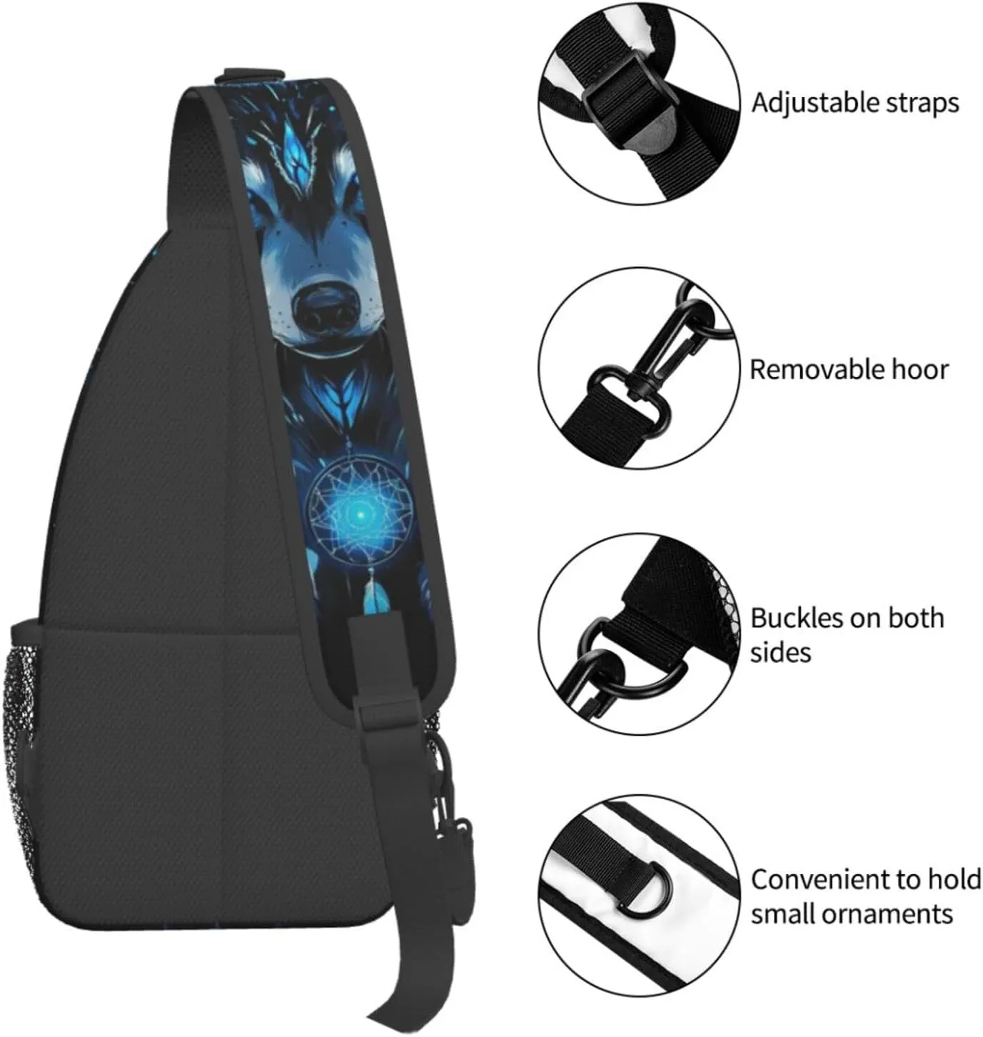 Dreamcatcher and Wolf Crossbody Bag with Abstract Picture Fitness Sports Travel Hiking Backpack Cute Animal Print Chest Bag Shoulder Bag for Women and Men