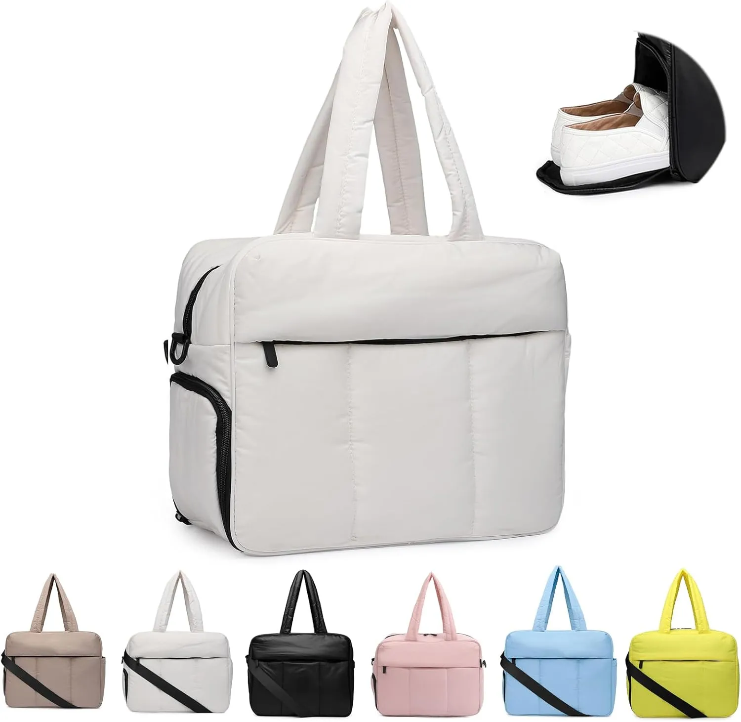 Duffel Weekender Bag, Puffer Tote Gym Bag for Women, Large Capacity Travel Duffle Bags with Shoe Compartment