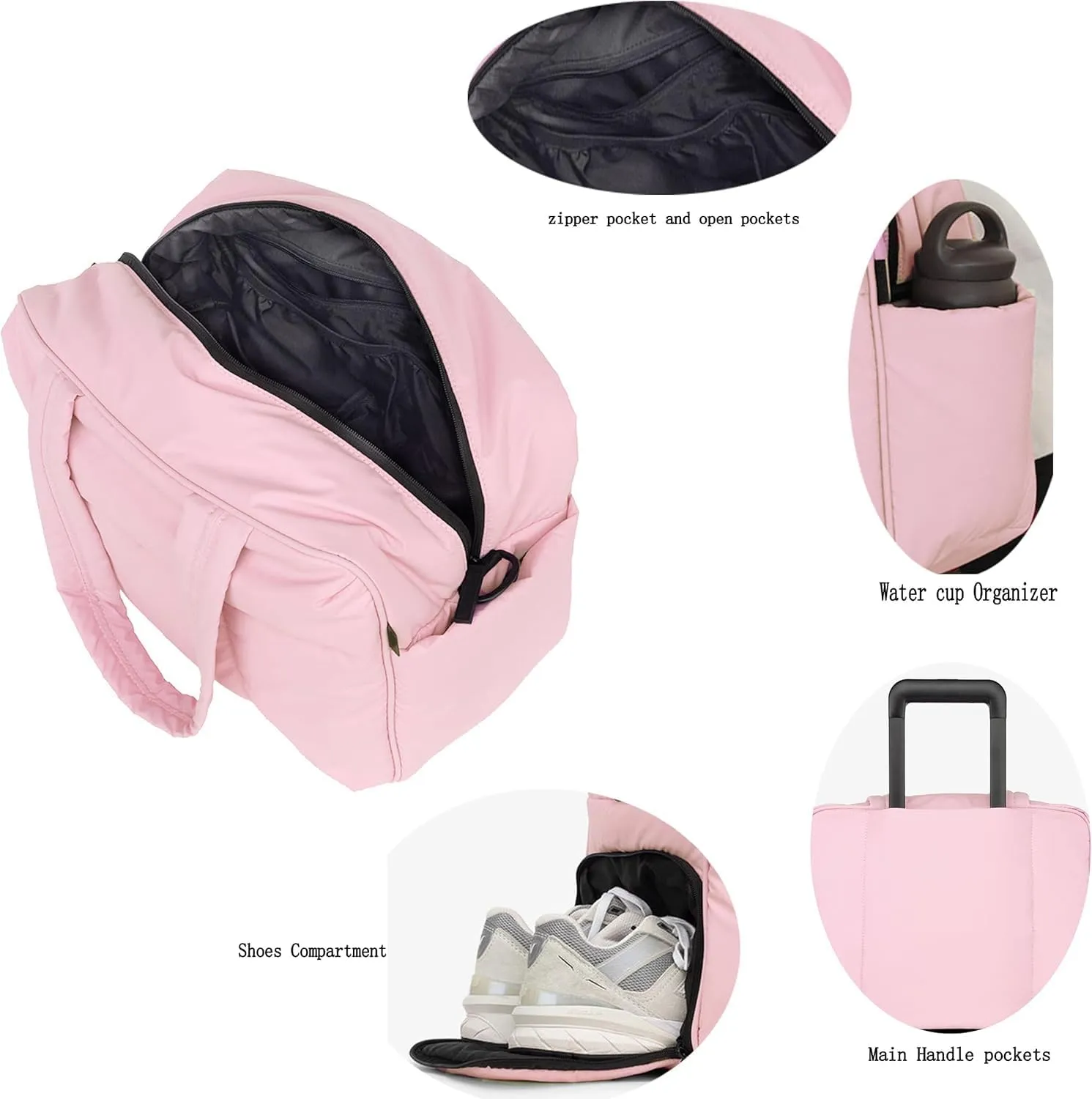 Duffel Weekender Bag, Puffer Tote Gym Bag for Women, Large Capacity Travel Duffle Bags with Shoe Compartment