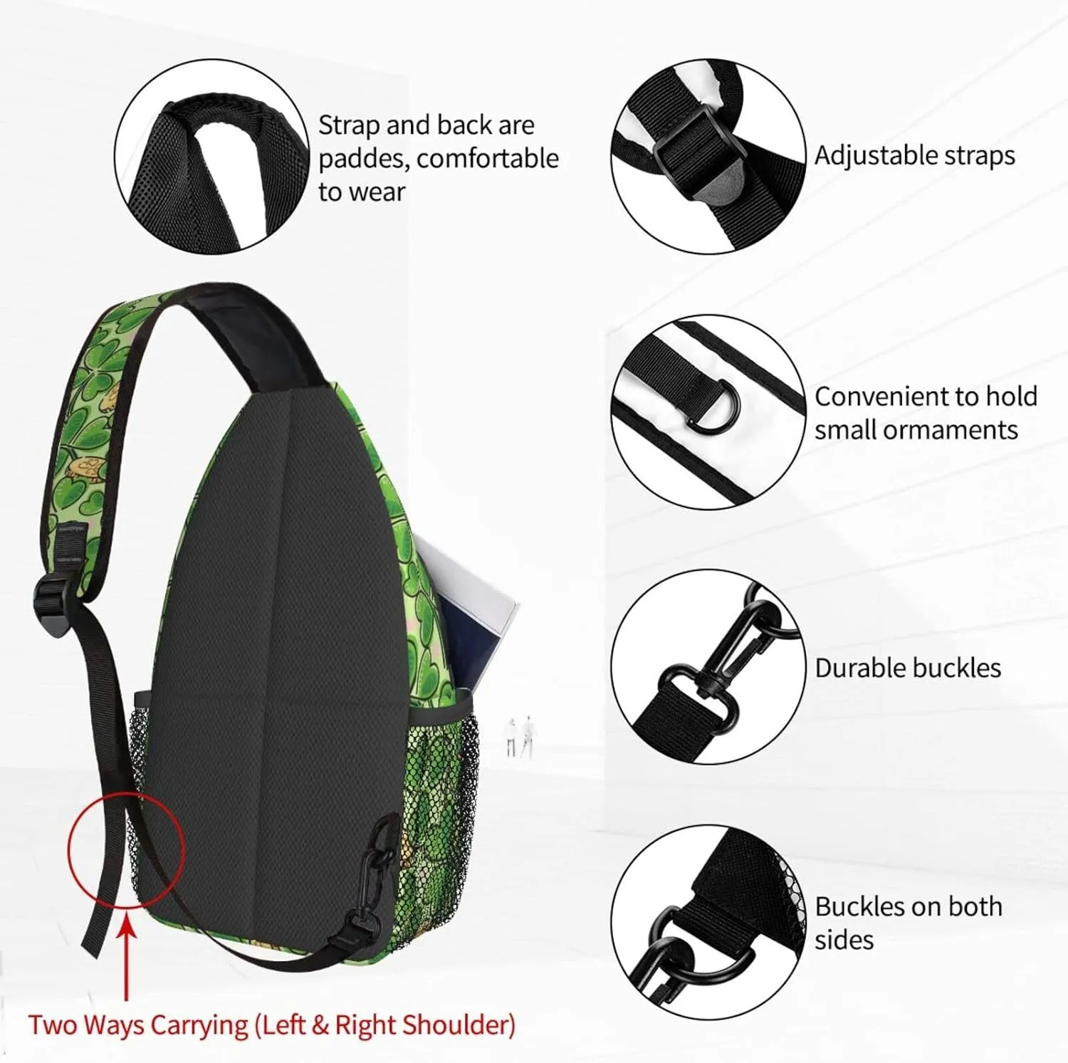 Dujiea Crossbody Backpack For Men Women Sling Bag, Patricks Day Clover Chest Bag Shoulder Bag Lightweight One Strap Backpack Multipurpose Travel Hiking Daypack