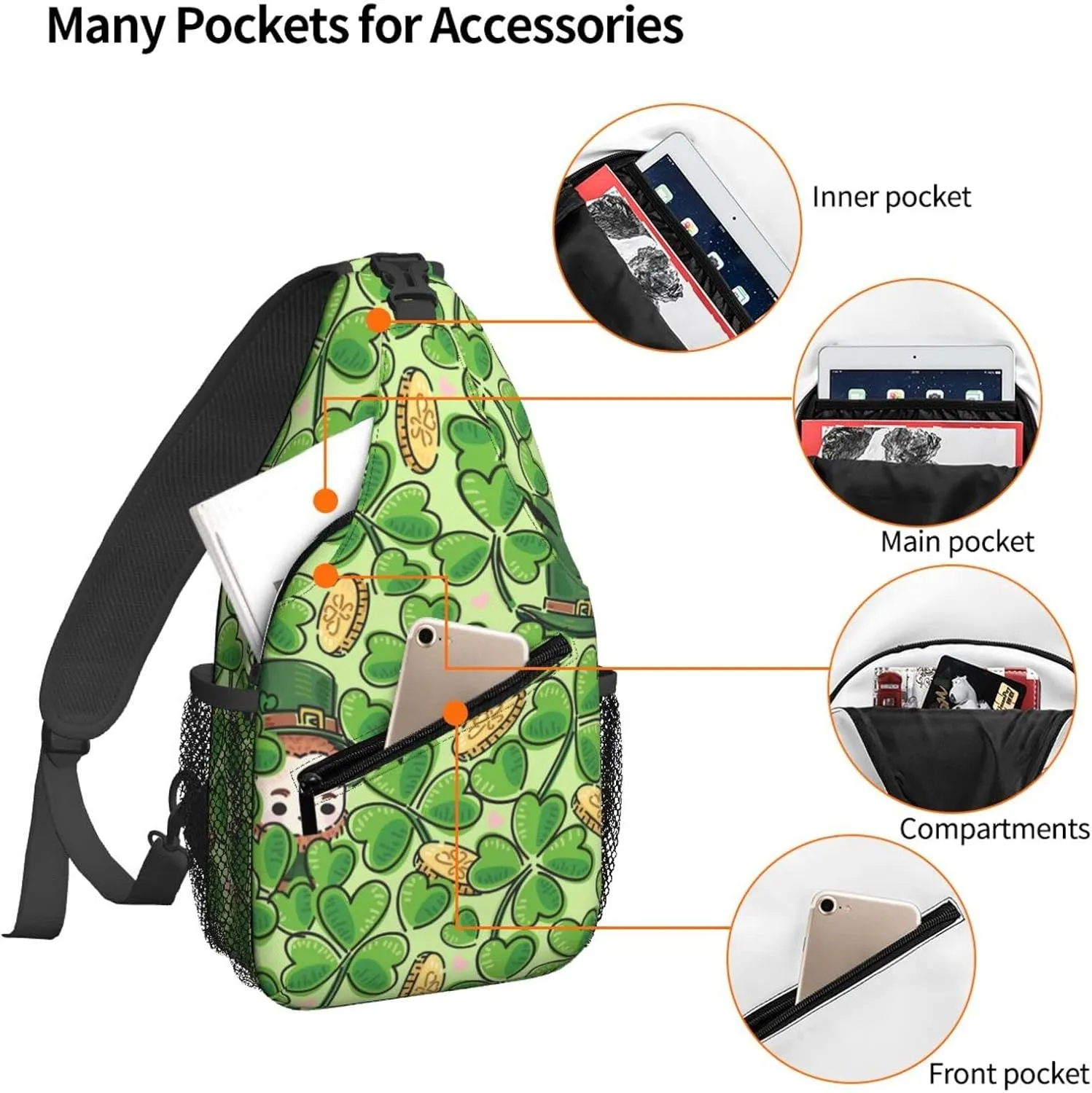 Dujiea Crossbody Backpack For Men Women Sling Bag, Patricks Day Clover Chest Bag Shoulder Bag Lightweight One Strap Backpack Multipurpose Travel Hiking Daypack