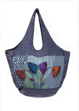Earth Divas - Light-Blue Heavy Cotton Patchwork Hobo Bag w/Floral Accents