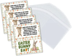 Easter Bunny Bait Tags & Bags | 100 pack, 50 Bags & 50 Topper Tags | Green Party Favor Cookie Bags Stickers Or Bunny Bait Trail Mix Game to Attract Easter Bunny To Your Yard Trap Game Kids Activity