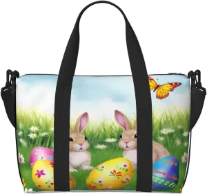 Easter Bunny Floral Travel Duffel Bags for Women Men, Sports Training Gym Bag Dance Bag with Adjustable Shoulder Strap Eggs Spring Butterfly Weekender Overnight Bag