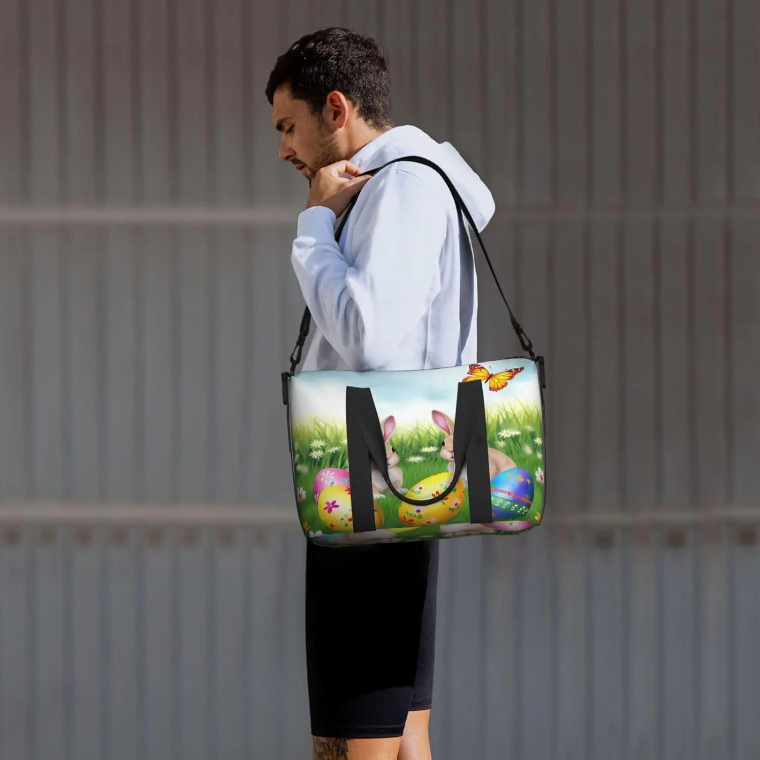 Easter Bunny Floral Travel Duffel Bags for Women Men, Sports Training Gym Bag Dance Bag with Adjustable Shoulder Strap Eggs Spring Butterfly Weekender Overnight Bag