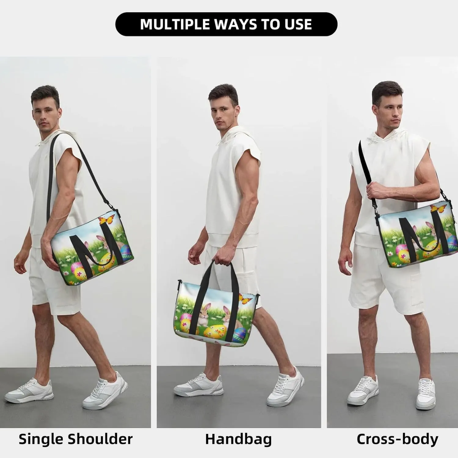 Easter Bunny Floral Travel Duffel Bags for Women Men, Sports Training Gym Bag Dance Bag with Adjustable Shoulder Strap Eggs Spring Butterfly Weekender Overnight Bag
