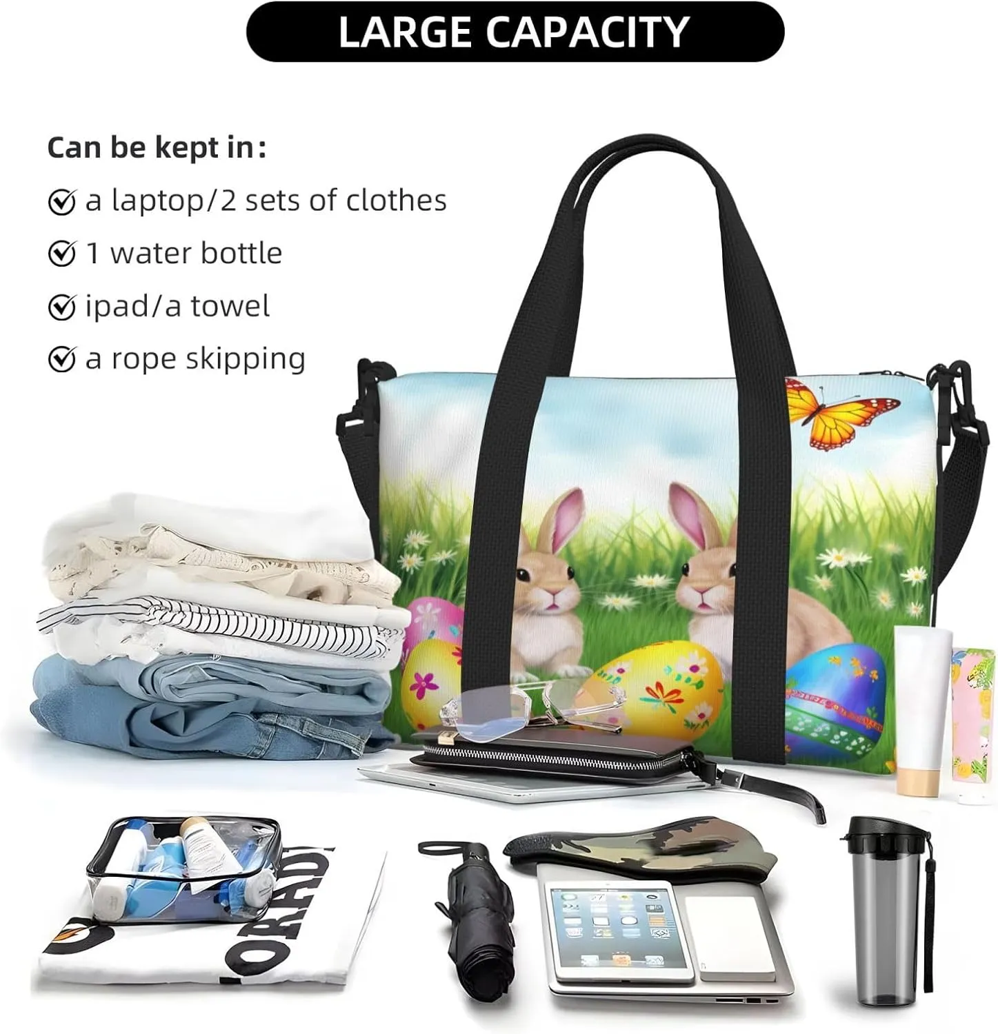 Easter Bunny Floral Travel Duffel Bags for Women Men, Sports Training Gym Bag Dance Bag with Adjustable Shoulder Strap Eggs Spring Butterfly Weekender Overnight Bag