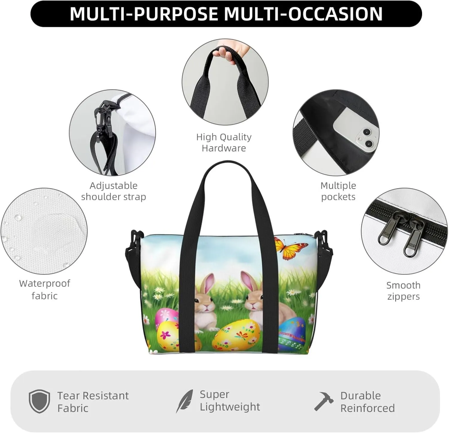 Easter Bunny Floral Travel Duffel Bags for Women Men, Sports Training Gym Bag Dance Bag with Adjustable Shoulder Strap Eggs Spring Butterfly Weekender Overnight Bag