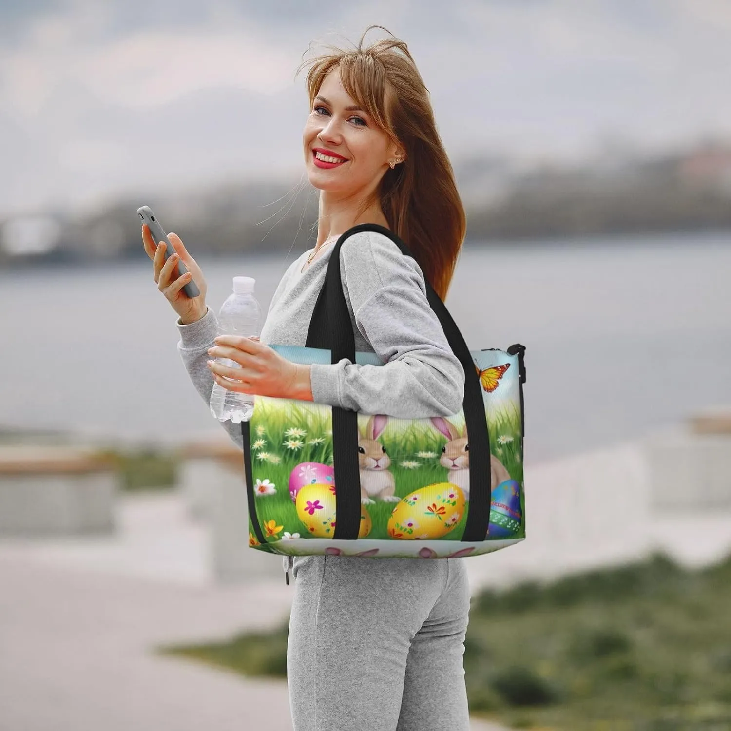 Easter Bunny Floral Travel Duffel Bags for Women Men, Sports Training Gym Bag Dance Bag with Adjustable Shoulder Strap Eggs Spring Butterfly Weekender Overnight Bag