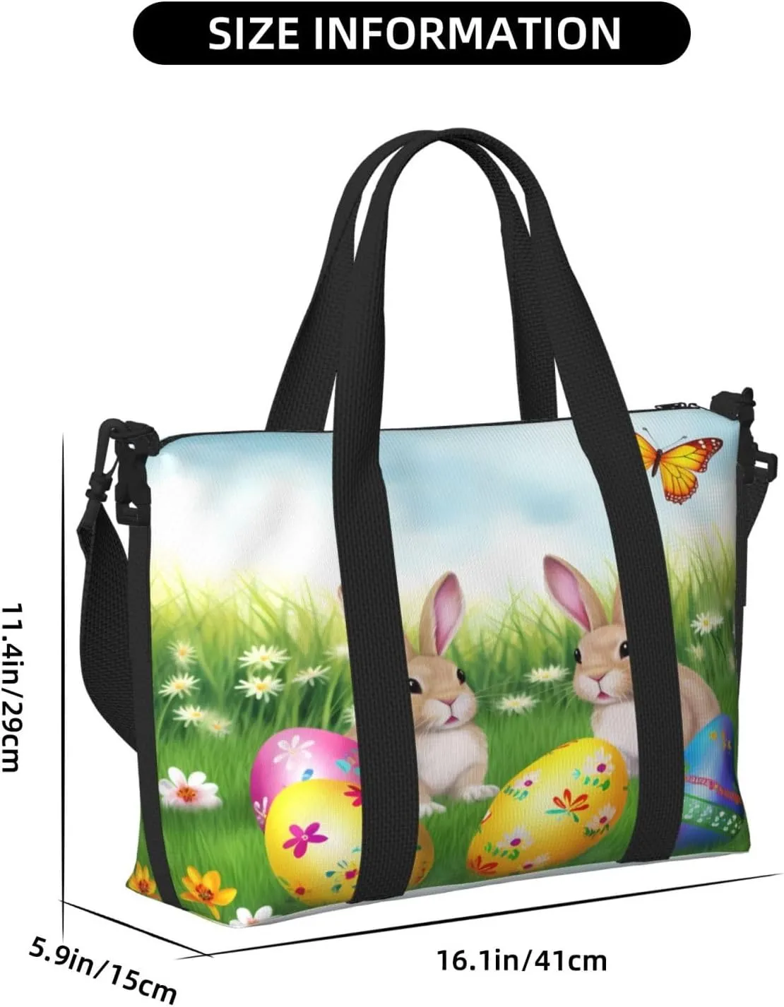 Easter Bunny Floral Travel Duffel Bags for Women Men, Sports Training Gym Bag Dance Bag with Adjustable Shoulder Strap Eggs Spring Butterfly Weekender Overnight Bag