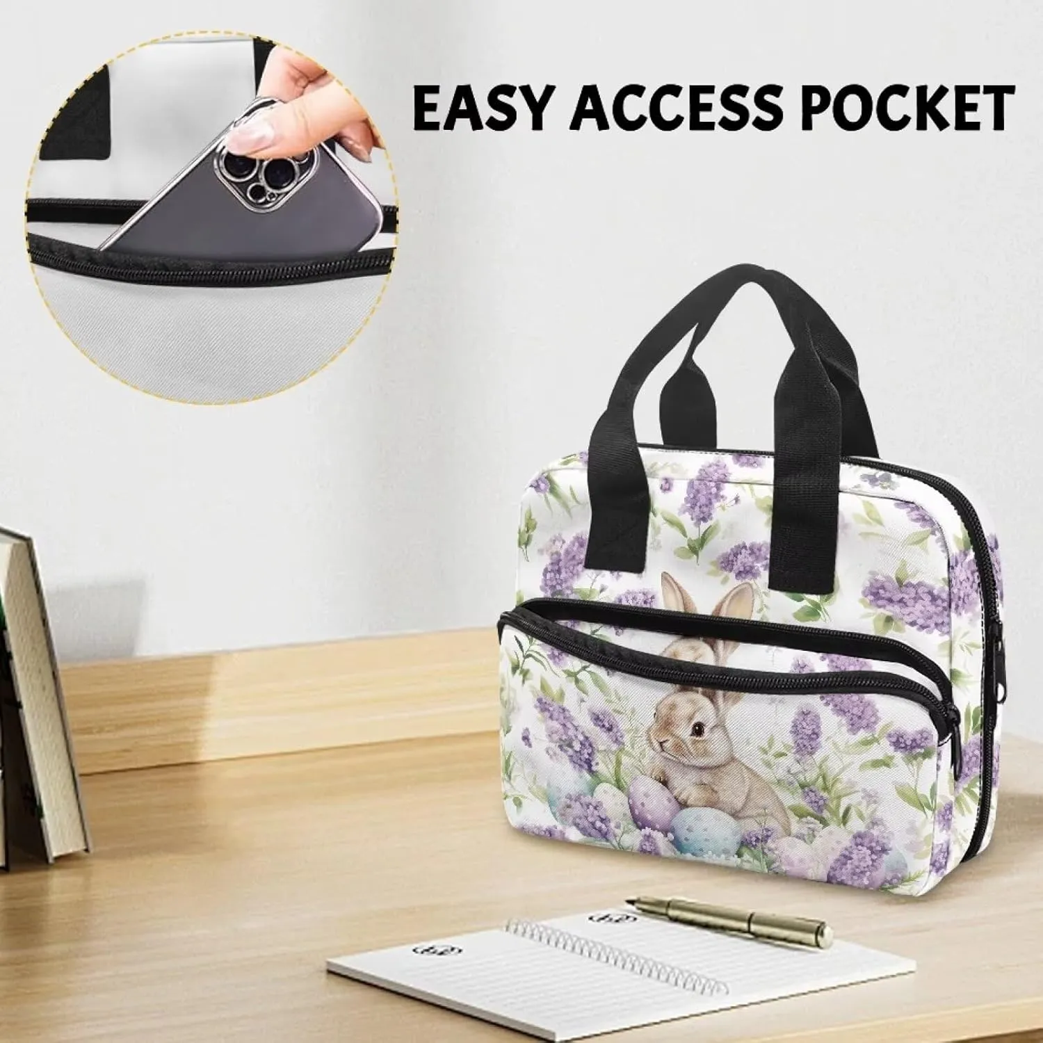 Easter Bunny Lavender Bible Cover for Women Bible Case with Handle Womens Ladies Bible Cover Case Book Carrying Case with Zipper Pocket Gifts for Easter