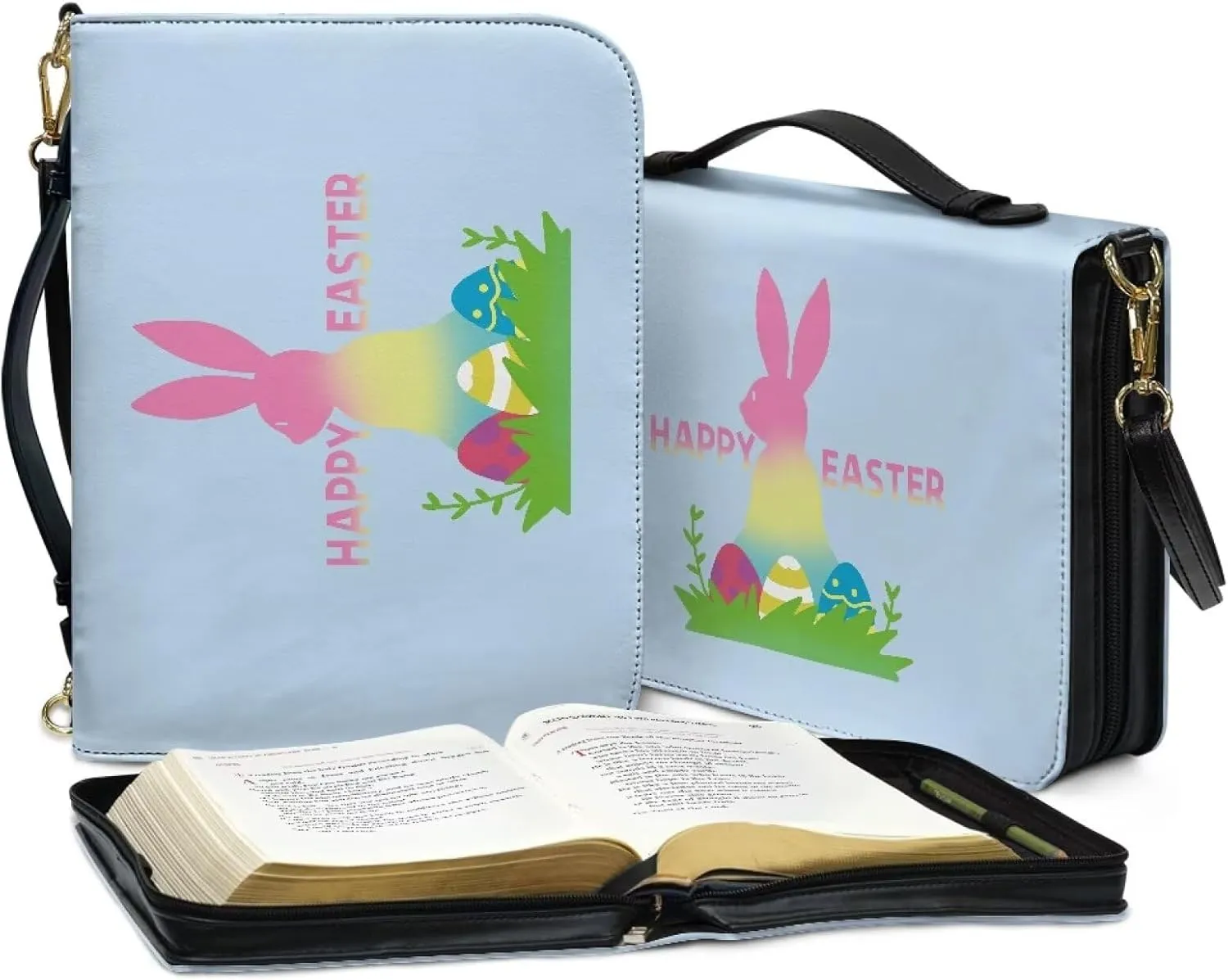 Easter Gradient Color Bunny Egg Prints Large Bible Cover for Men Women Lightweight e Bag with Shoulder Strap Multifunctional Christian Gift for Daily Use, XL