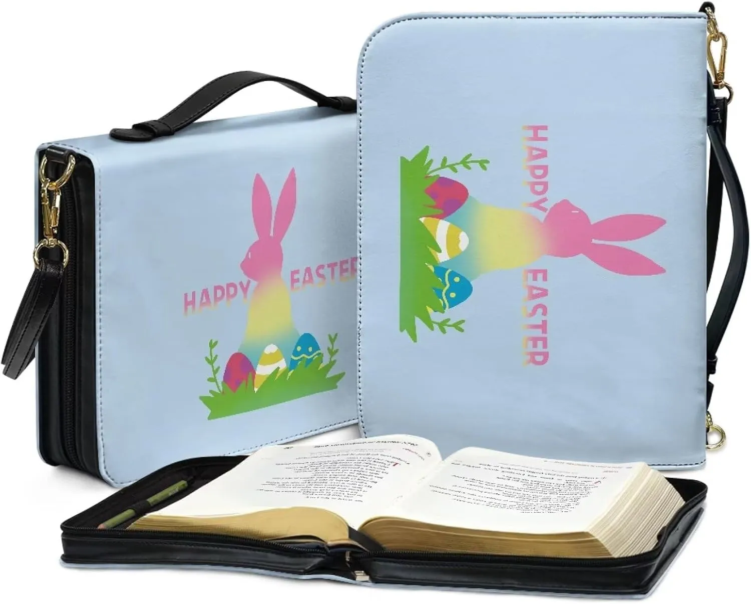 Easter Gradient Color Bunny Egg Prints Large Bible Cover for Men Women Lightweight e Bag with Shoulder Strap Multifunctional Christian Gift for Daily Use, XL