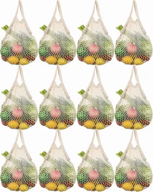 Eccliy 12 Pieces Reusable Mesh Grocery Bags Portable Cotton Produce Containers Washable Net Mesh Reusable Tote Bag with Handle String Shopping Organizer for Fruit Vegetable Shopping Storage Market