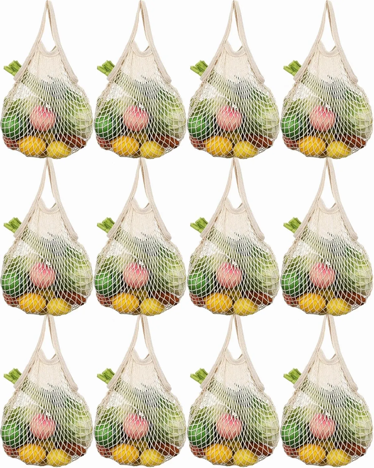 Eccliy 12 Pieces Reusable Mesh Grocery Bags Portable Cotton Produce Containers Washable Net Mesh Reusable Tote Bag with Handle String Shopping Organizer for Fruit Vegetable Shopping Storage Market