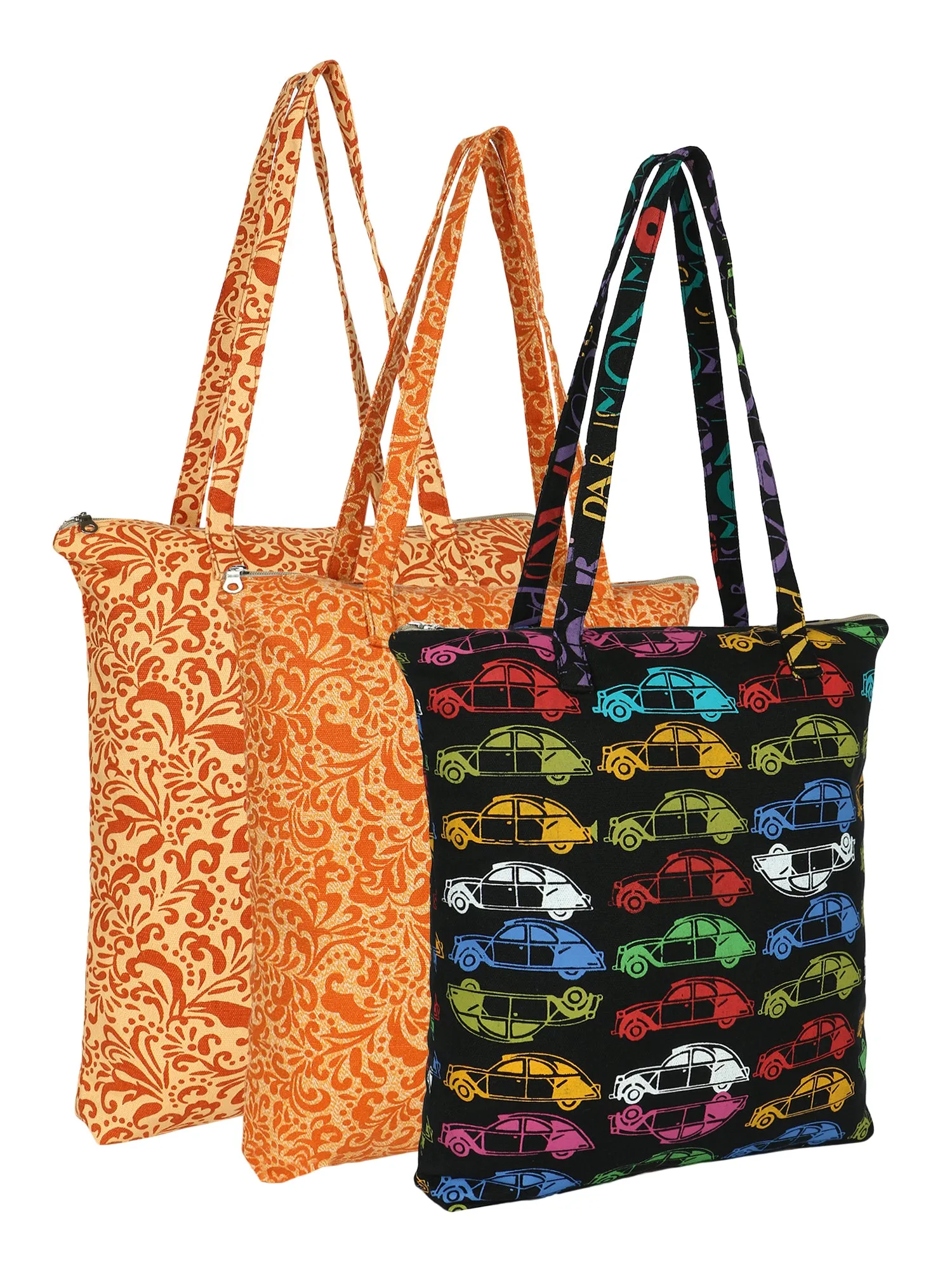 Eco-Friendly Multicolor Floral Printed Cotton Canvas Shopping Bags (Pack of 3)