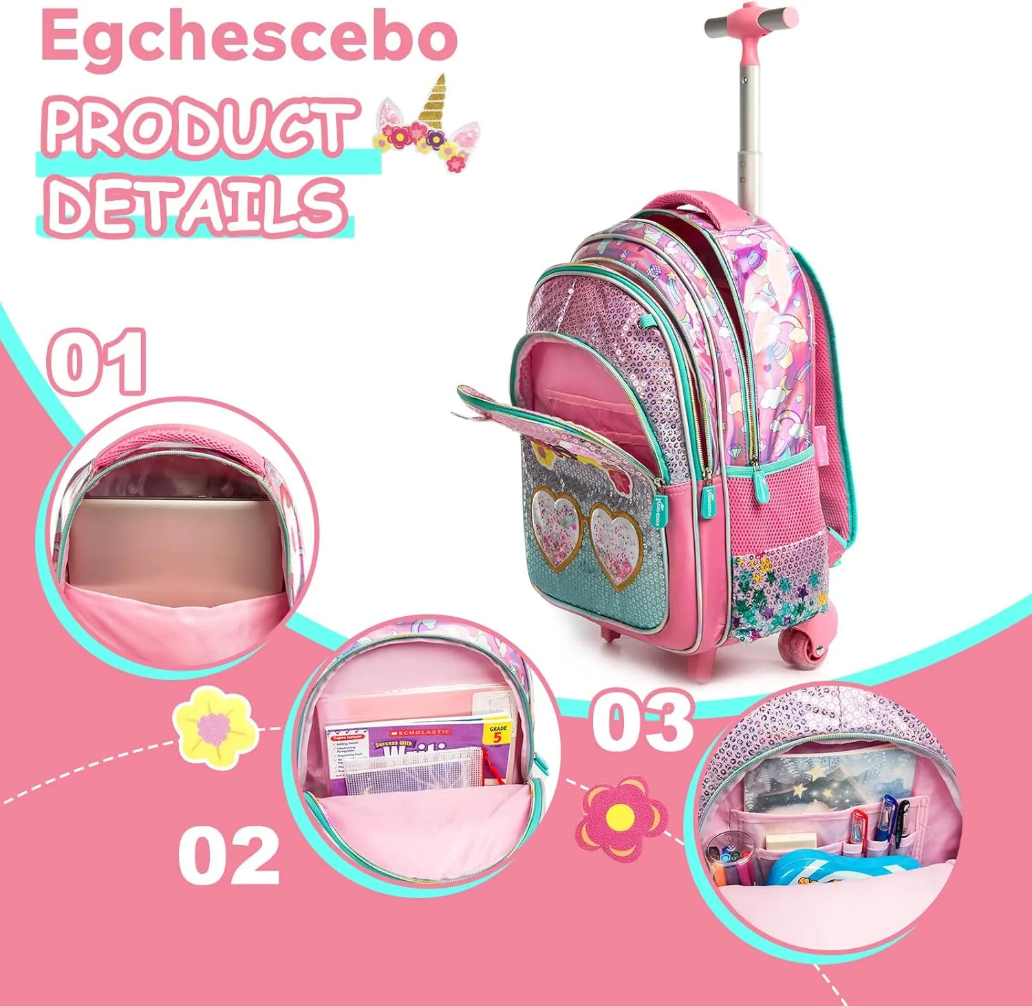 Egchescebo Kids Rolling Backpack for Girls With Wheels School Bags Elementary (5315-miyan-Pink)