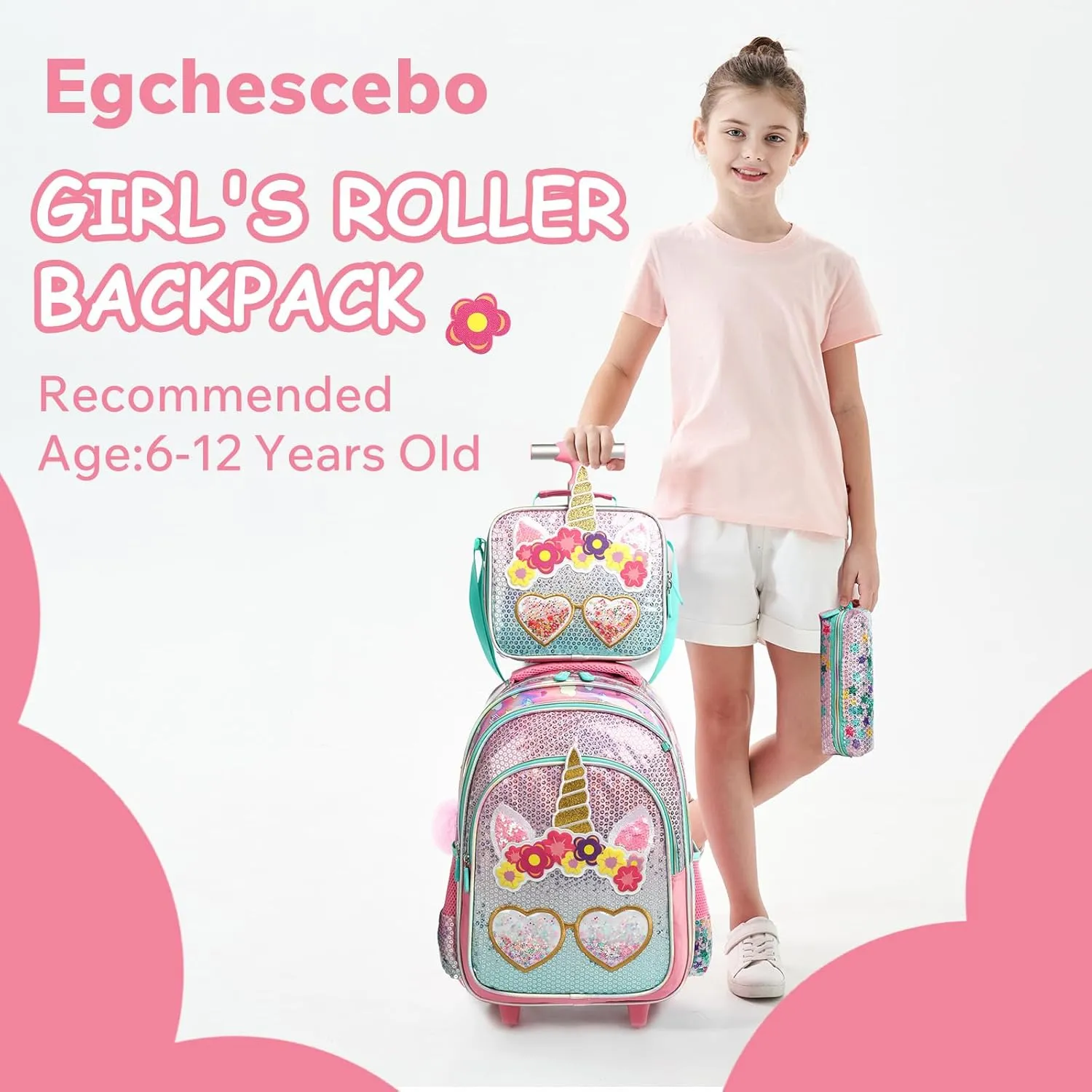 Egchescebo Kids Rolling Backpack for Girls With Wheels School Bags Elementary (5315-miyan-Pink)
