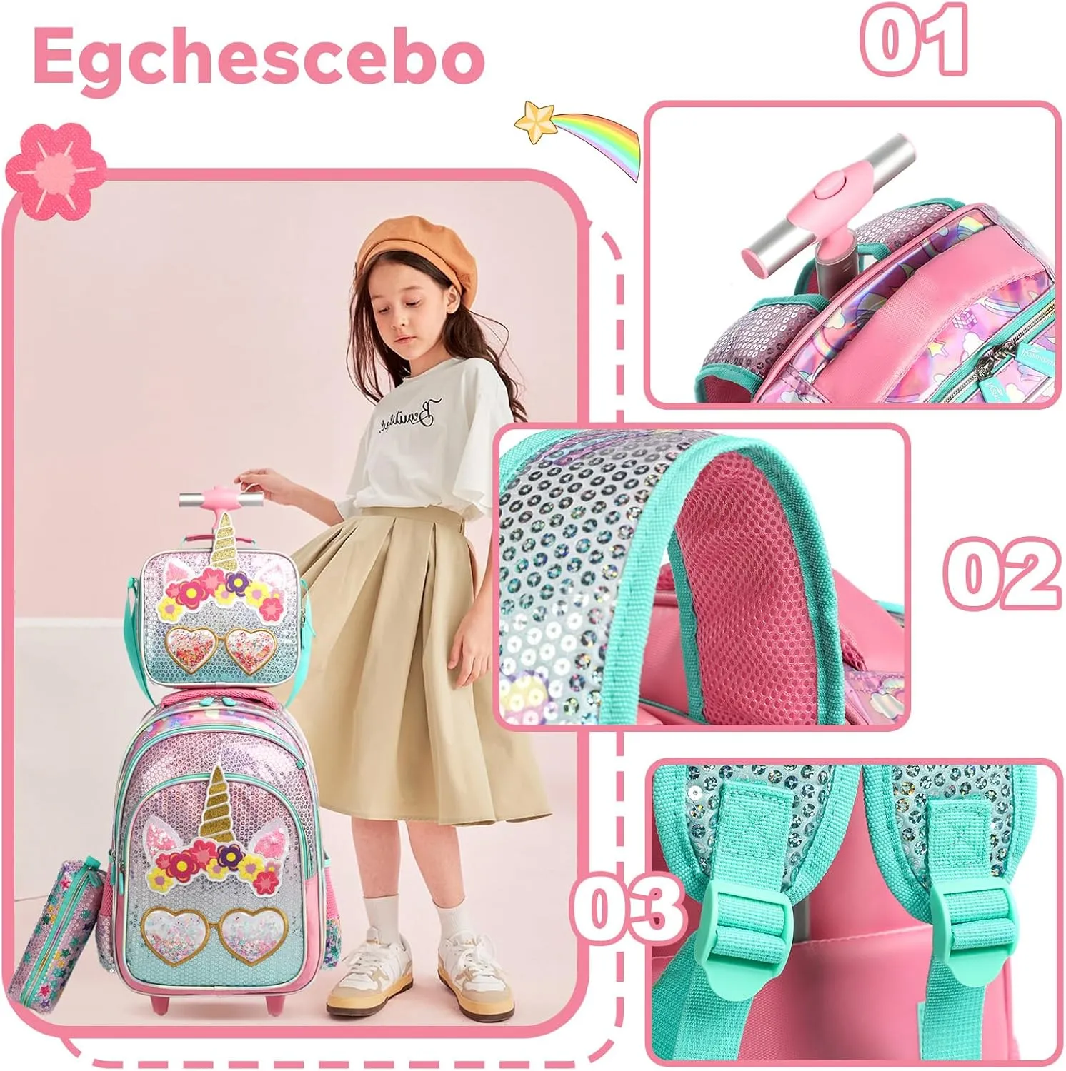 Egchescebo Kids Rolling Backpack for Girls With Wheels School Bags Elementary (5315-miyan-Pink)