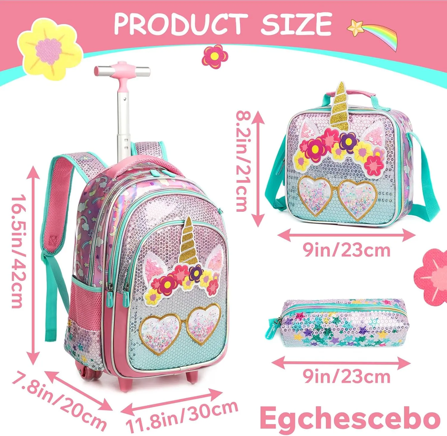 Egchescebo Kids Rolling Backpack for Girls With Wheels School Bags Elementary (5315-miyan-Pink)