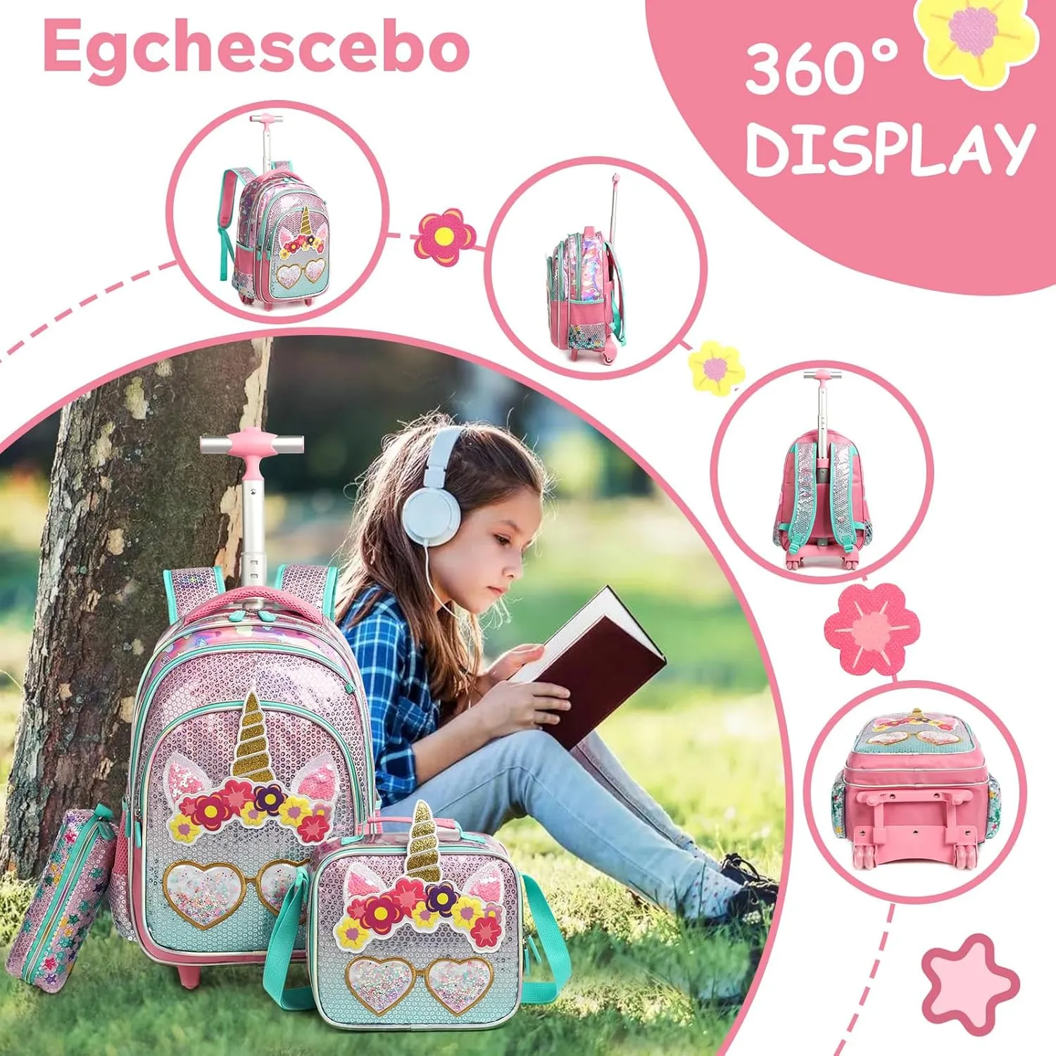 Egchescebo Kids Rolling Backpack for Girls With Wheels School Bags Elementary (5315-miyan-Pink)