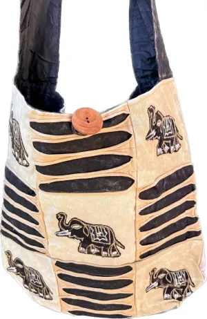 Elephant shoulder bag, hippie boho crossbody bag, women sling elephant purse, slouch classic style bag, bohemian fashion, patchwork stonewash hobo bag (Black-Off white)