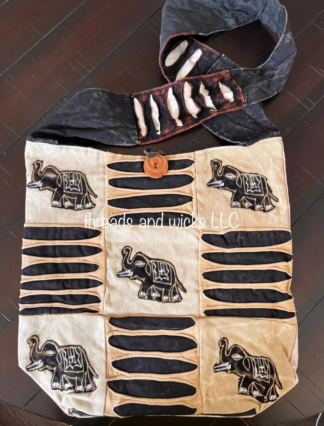 Elephant shoulder bag, hippie boho crossbody bag, women sling elephant purse, slouch classic style bag, bohemian fashion, patchwork stonewash hobo bag (Black-Off white)