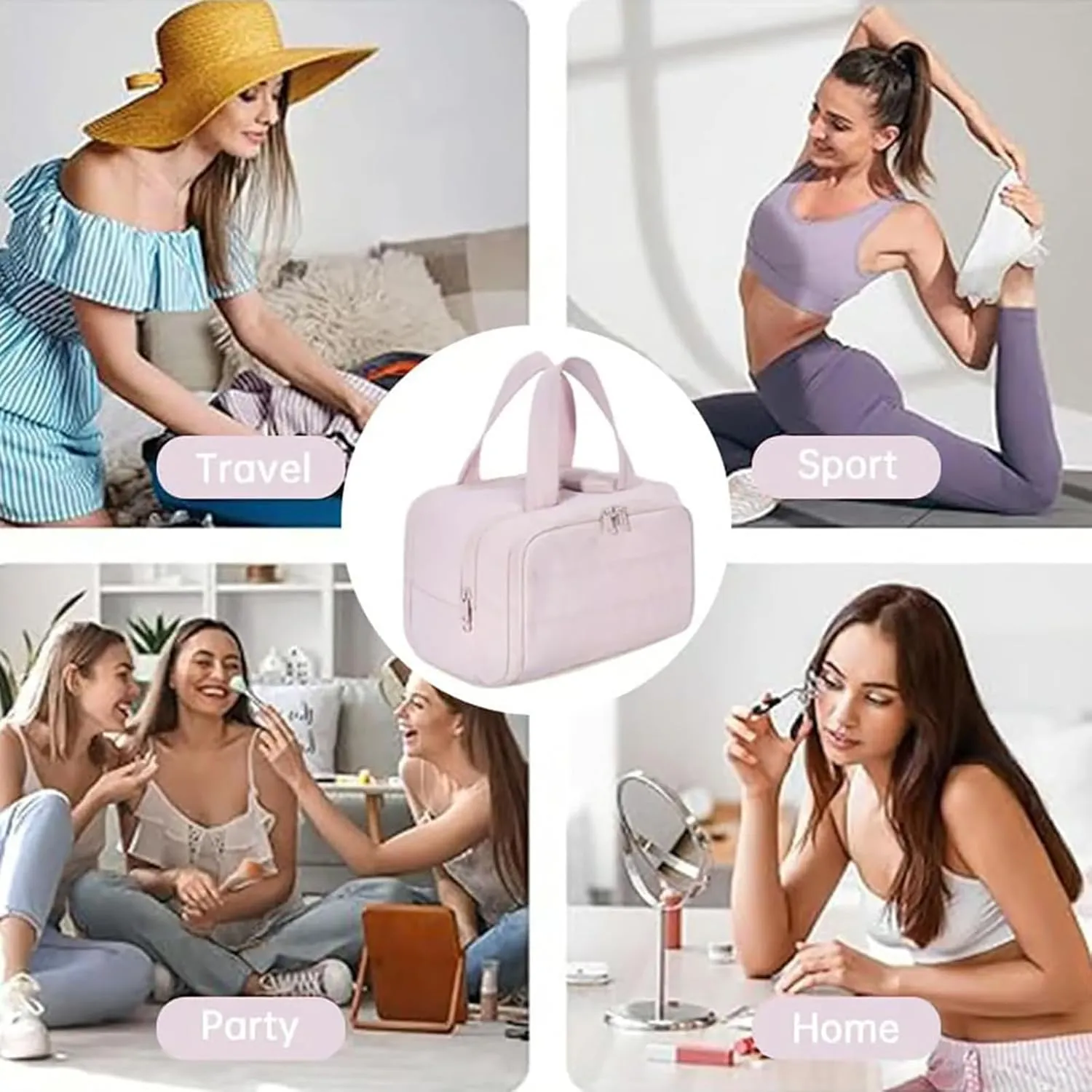 Elouva Toiletry Bag, Large Capacity Wide-Open Travel Cosmetic Bag, Standing Makeup Bag – Portable, Large Capacity, for Accessories, Essentials, Toiletries (Beige)