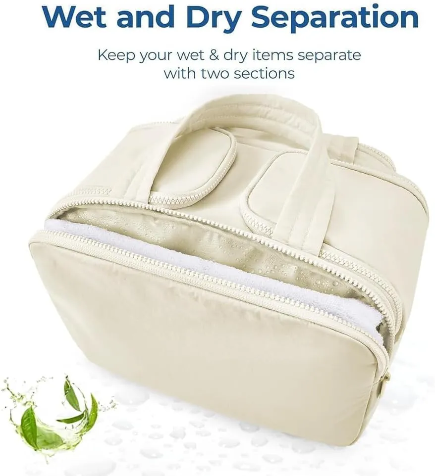 Elouva Toiletry Bag, Large Capacity Wide-Open Travel Cosmetic Bag, Standing Makeup Bag – Portable, Large Capacity, for Accessories, Essentials, Toiletries (Beige)