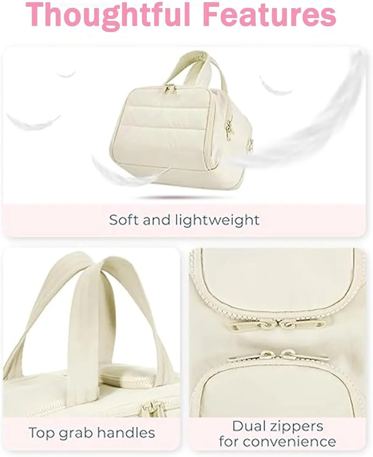 Elouva Toiletry Bag, Large Capacity Wide-Open Travel Cosmetic Bag, Standing Makeup Bag – Portable, Large Capacity, for Accessories, Essentials, Toiletries (Beige)