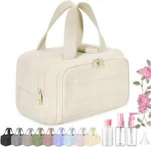 Elouva Toiletry Bag, Large Capacity Wide-Open Travel Cosmetic Bag, Standing Makeup Bag – Portable, Large Capacity, for Accessories, Essentials, Toiletries (Beige)