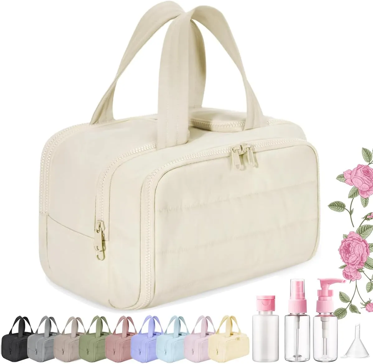Elouva Toiletry Bag, Large Capacity Wide-Open Travel Cosmetic Bag, Standing Makeup Bag – Portable, Large Capacity, for Accessories, Essentials, Toiletries (Beige)