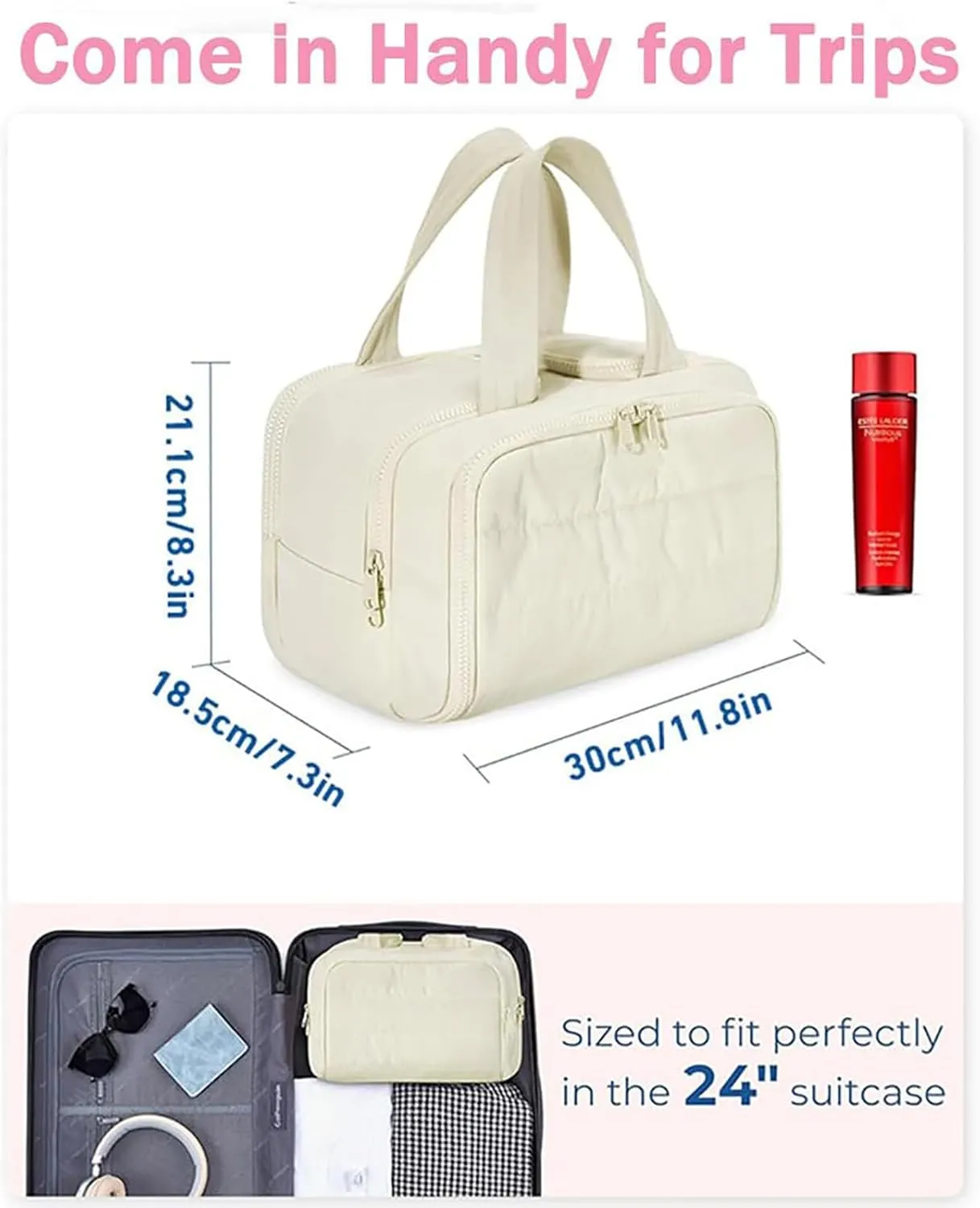 Elouva Toiletry Bag, Large Capacity Wide-Open Travel Cosmetic Bag, Standing Makeup Bag – Portable, Large Capacity, for Accessories, Essentials, Toiletries (Beige)