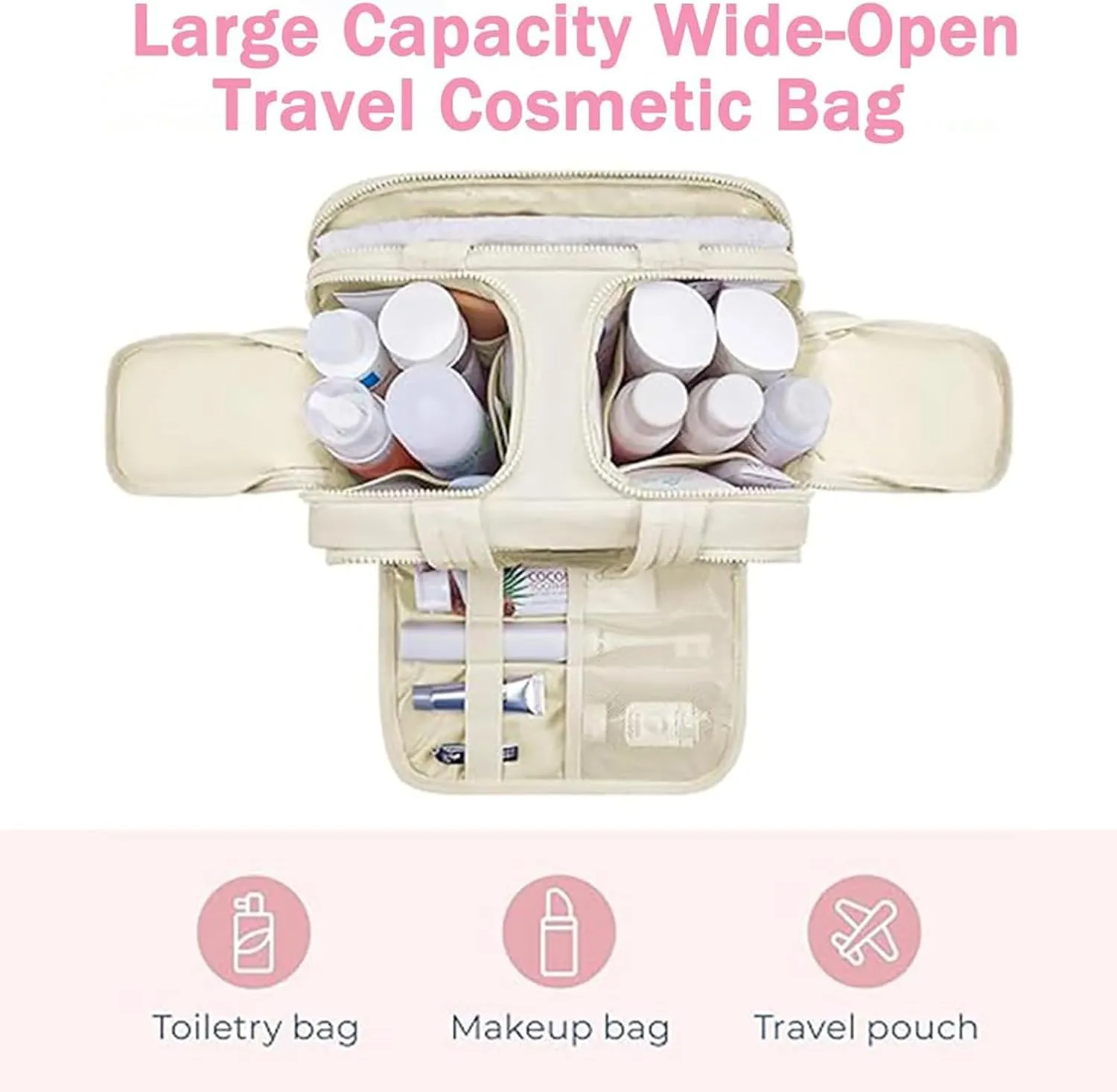 Elouva Toiletry Bag, Large Capacity Wide-Open Travel Cosmetic Bag, Standing Makeup Bag – Portable, Large Capacity, for Accessories, Essentials, Toiletries (Beige)