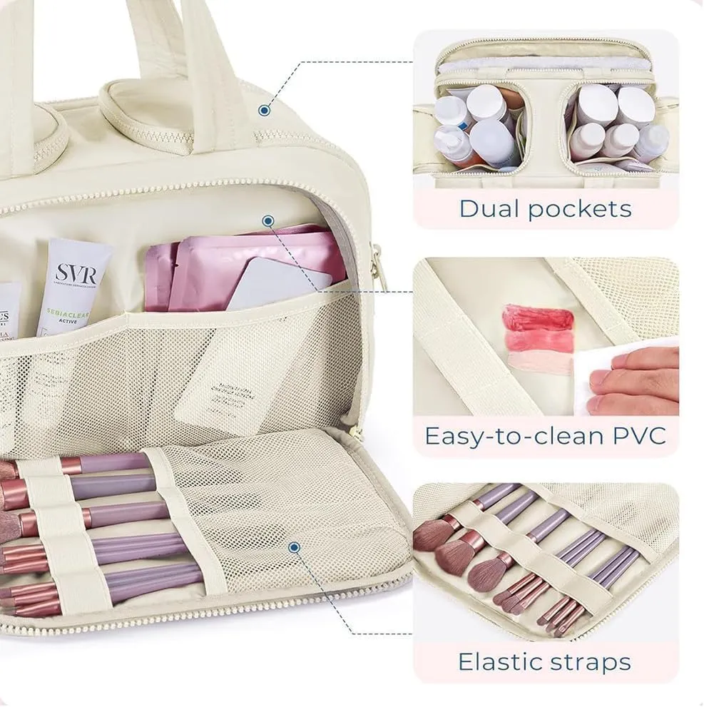 Elouva Toiletry Bag, Large Capacity Wide-Open Travel Cosmetic Bag, Standing Makeup Bag – Portable, Large Capacity, for Accessories, Essentials, Toiletries (Beige)