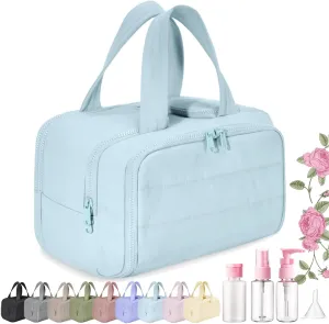 Elouva Toiletry Bag, Large Capacity Wide-Open Travel Cosmetic Bag, Standing Makeup Bag – Portable, Large Capacity, for Accessories, Essentials, Toiletries (Blue)