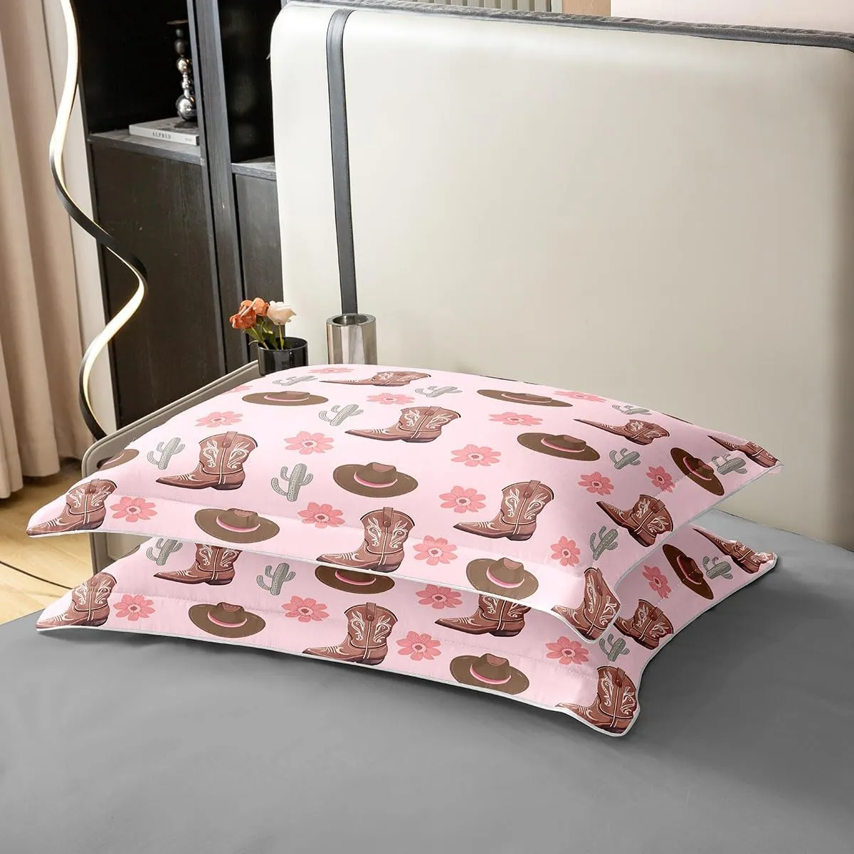 Erosebridal Cowgirls 100% Cotton Bedclothes Queen Size Hats Boots Bedding Set for Girls Women Cactus Floral Pink Brown Comforter Cover Soft Comfy Duvet Cover