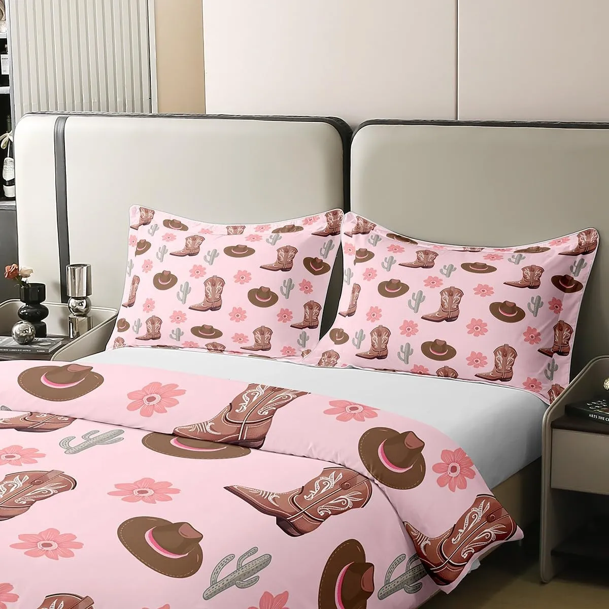 Erosebridal Cowgirls 100% Cotton Bedclothes Queen Size Hats Boots Bedding Set for Girls Women Cactus Floral Pink Brown Comforter Cover Soft Comfy Duvet Cover