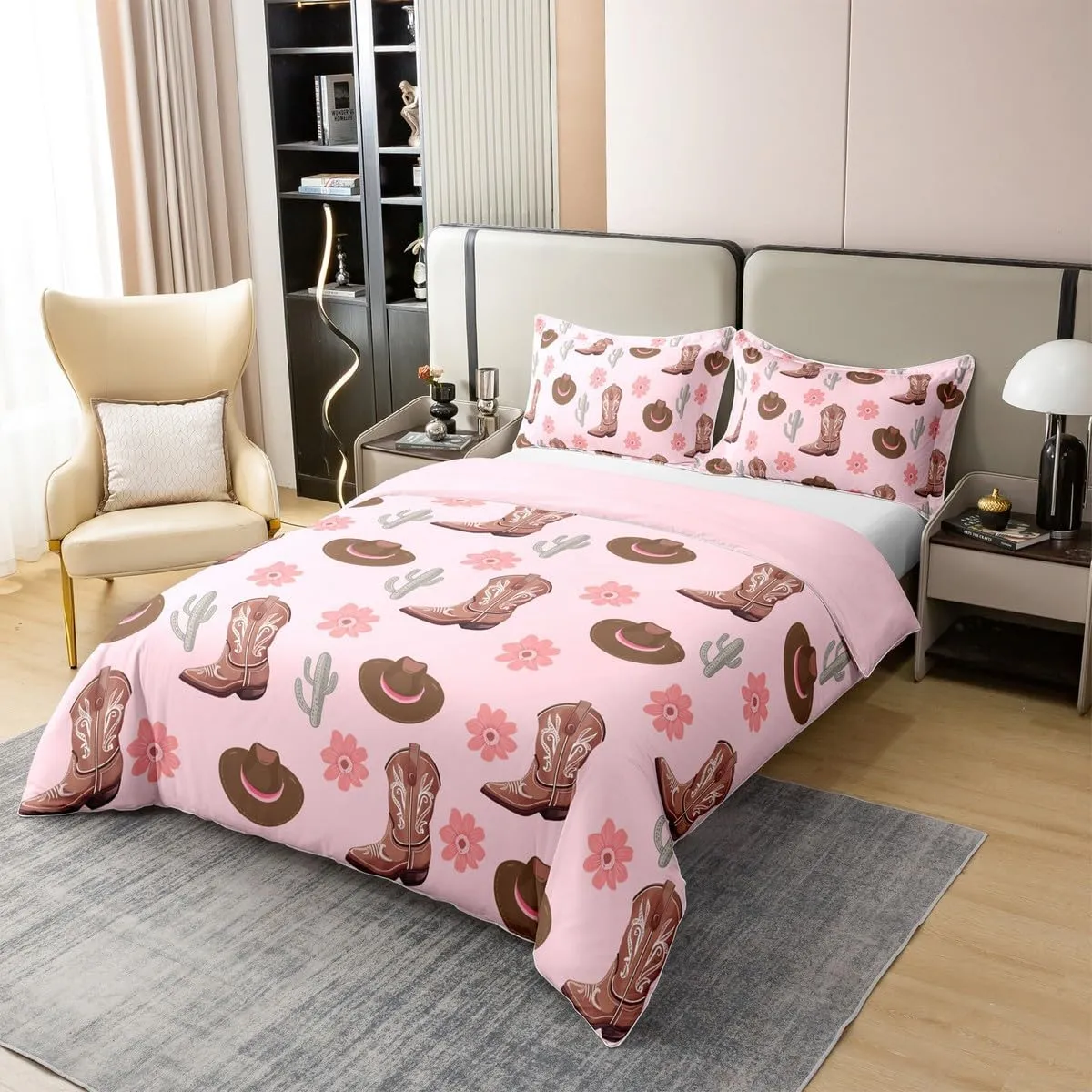 Erosebridal Cowgirls 100% Cotton Bedclothes Queen Size Hats Boots Bedding Set for Girls Women Cactus Floral Pink Brown Comforter Cover Soft Comfy Duvet Cover