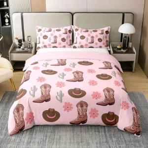 Erosebridal Cowgirls 100% Cotton Bedclothes Queen Size Hats Boots Bedding Set for Girls Women Cactus Floral Pink Brown Comforter Cover Soft Comfy Duvet Cover