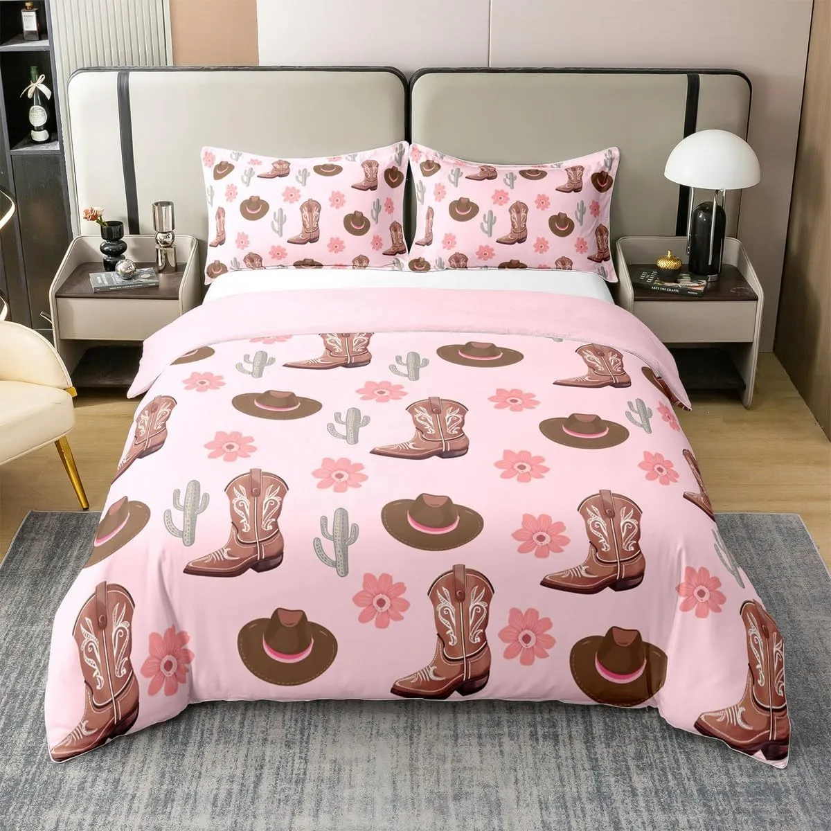 Erosebridal Cowgirls 100% Cotton Bedclothes Queen Size Hats Boots Bedding Set for Girls Women Cactus Floral Pink Brown Comforter Cover Soft Comfy Duvet Cover