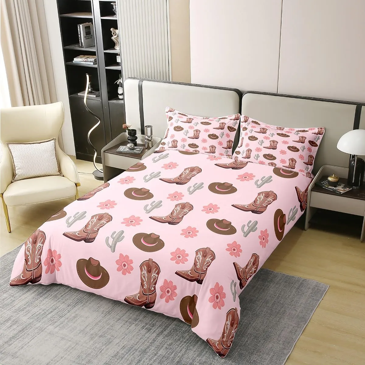 Erosebridal Cowgirls 100% Cotton Bedclothes Queen Size Hats Boots Bedding Set for Girls Women Cactus Floral Pink Brown Comforter Cover Soft Comfy Duvet Cover