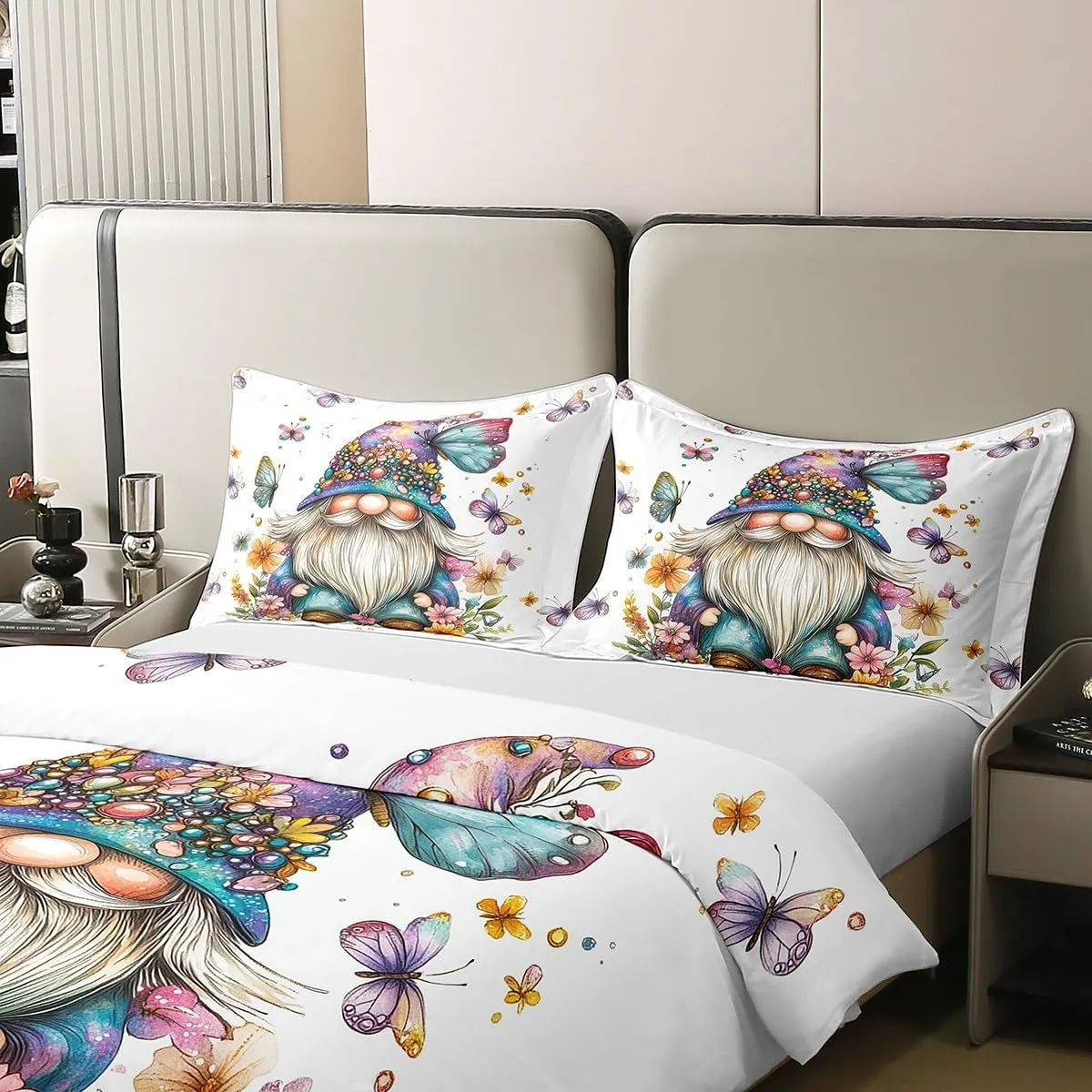 Erosebridal Gnome 100% Cotton Duvet Cover Queen Size Floral Dwarf Bedding Set for Boys Girls Dairy Butterfly Botanical Teal Blue Purple Comforter Cover Soft Breathable Bedclothes
