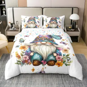 Erosebridal Gnome 100% Cotton Duvet Cover Queen Size Floral Dwarf Bedding Set for Boys Girls Dairy Butterfly Botanical Teal Blue Purple Comforter Cover Soft Breathable Bedclothes