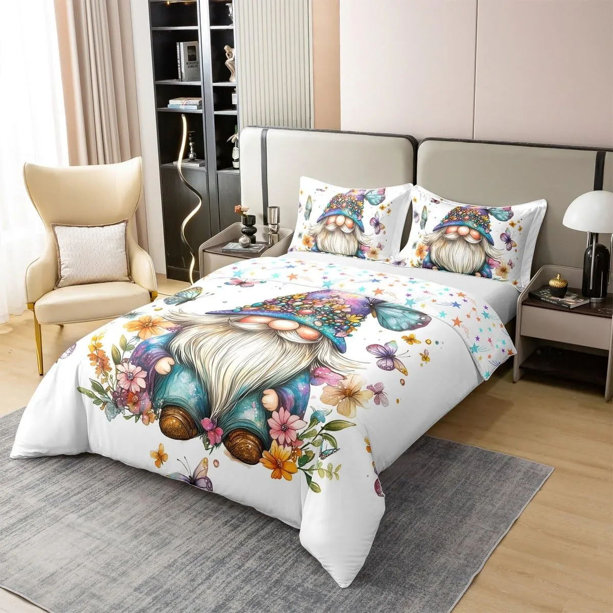 Erosebridal Gnome 100% Cotton Duvet Cover Queen Size Floral Dwarf Bedding Set for Boys Girls Dairy Butterfly Botanical Teal Blue Purple Comforter Cover Soft Breathable Bedclothes