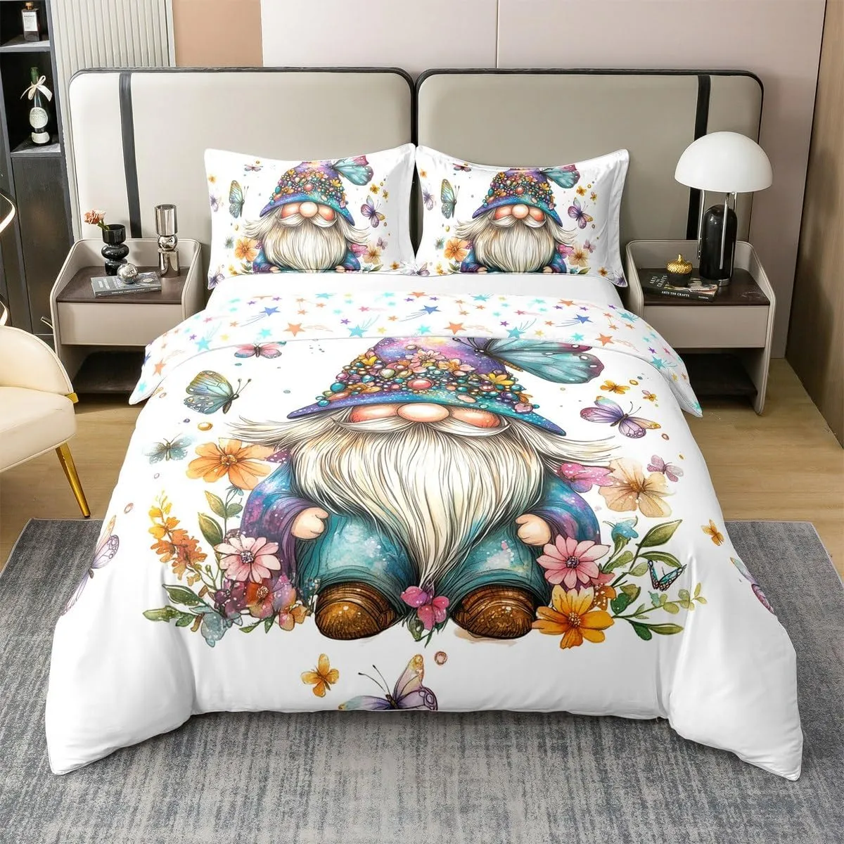 Erosebridal Gnome 100% Cotton Duvet Cover Queen Size Floral Dwarf Bedding Set for Boys Girls Dairy Butterfly Botanical Teal Blue Purple Comforter Cover Soft Breathable Bedclothes
