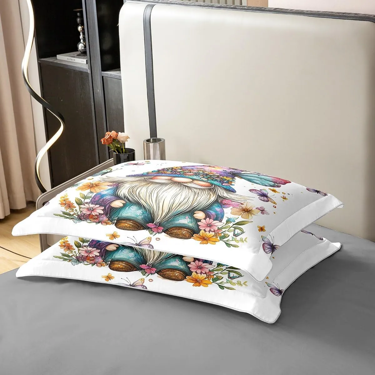 Erosebridal Gnome 100% Cotton Duvet Cover Queen Size Floral Dwarf Bedding Set for Boys Girls Dairy Butterfly Botanical Teal Blue Purple Comforter Cover Soft Breathable Bedclothes