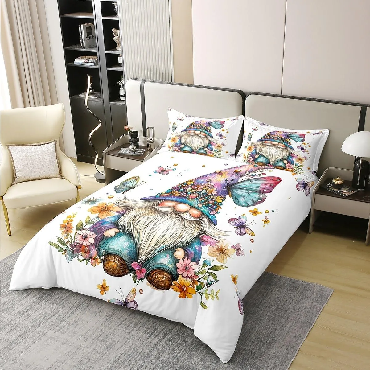 Erosebridal Gnome 100% Cotton Duvet Cover Queen Size Floral Dwarf Bedding Set for Boys Girls Dairy Butterfly Botanical Teal Blue Purple Comforter Cover Soft Breathable Bedclothes